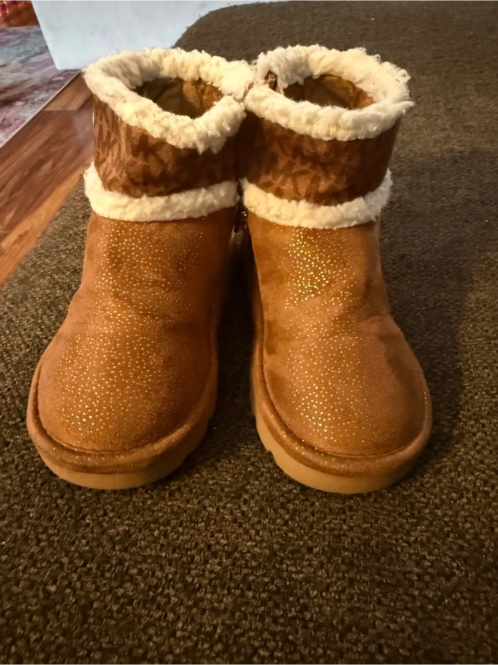 Michael Kors Girls Tan Faux-Shearling Boots with Glitter